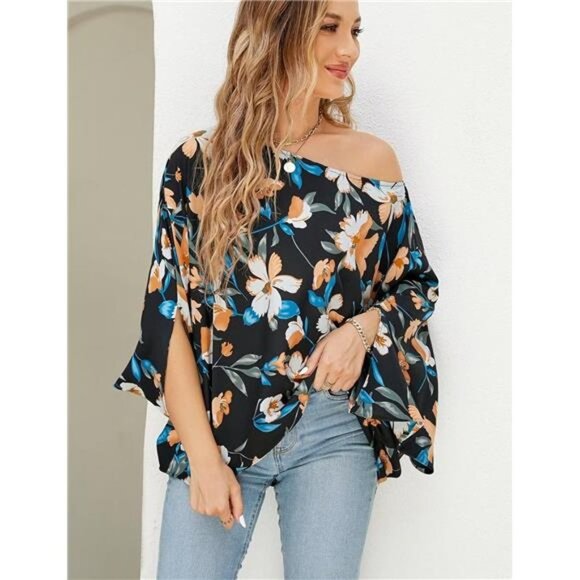 Multi Floral Print Chiffon‎  Off Shoulder Flowy Top Batwing Sleeve Blouse Shirt - Picture 2 of 5